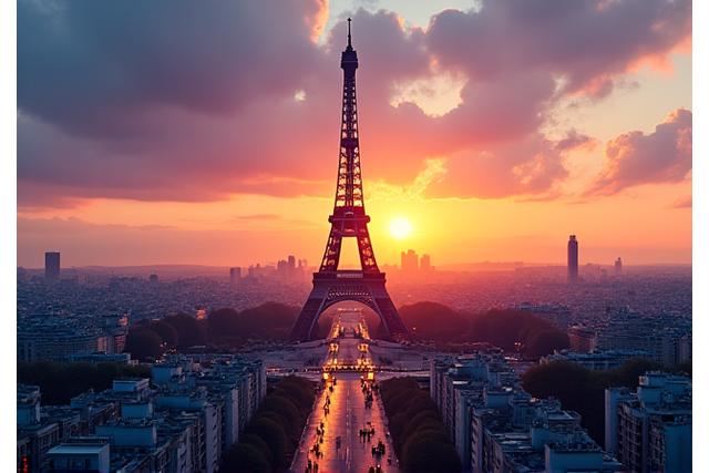 Vue emblématique de Paris avec la Tour Eiffel au coucher du soleil, symbolisant l'expertise et l'ancrage parisien de Maison Auto.